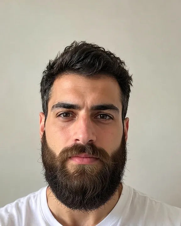 Man with a Garibaldi beard: long, wide and full with a rounded base (AI preview)