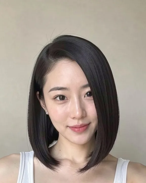 Woman with an asymmetric bob, longer on one side with a deep side part (AI preview)