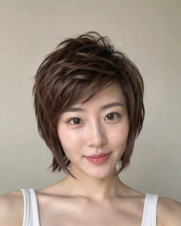 Woman with a bixie cut: short textured layers with longer pieces around the face (AI preview)