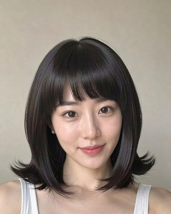 Woman with a flip bob, ends flicked outward, and a fringe (AI preview)