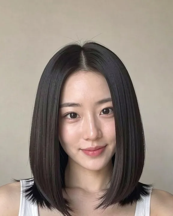 Woman with a sleek blunt lob ending near the collarbone (AI preview)