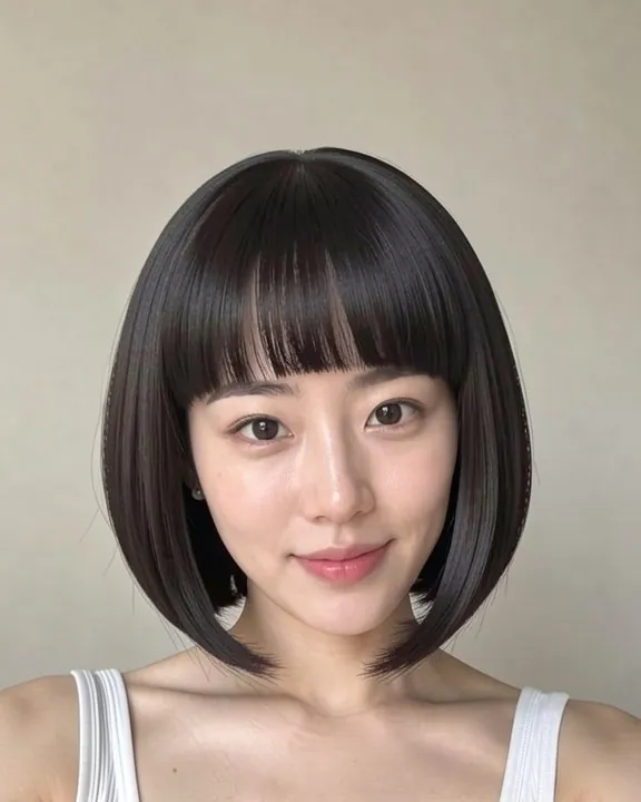Woman with a very short micro bob and blunt fringe (AI preview)