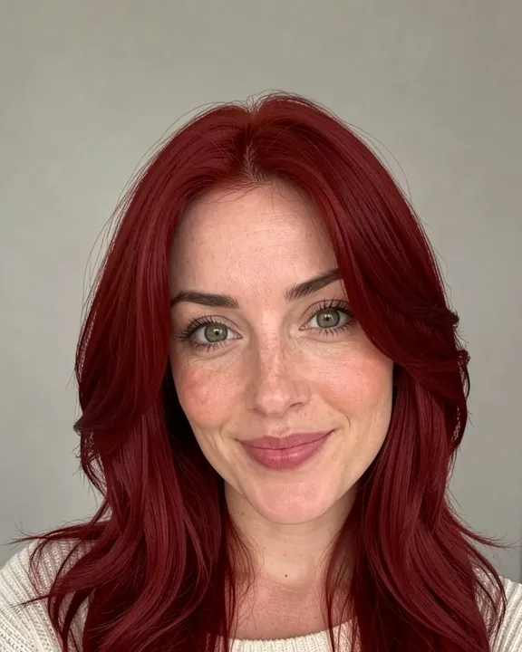 Woman with long layered hair in a deep auburn red (AI preview)
