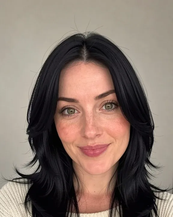 Woman with long layered jet black hair (AI preview)