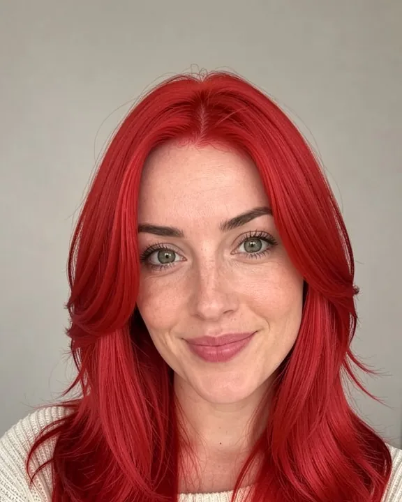 Woman with long layered hair in a vivid cherry red (AI preview)