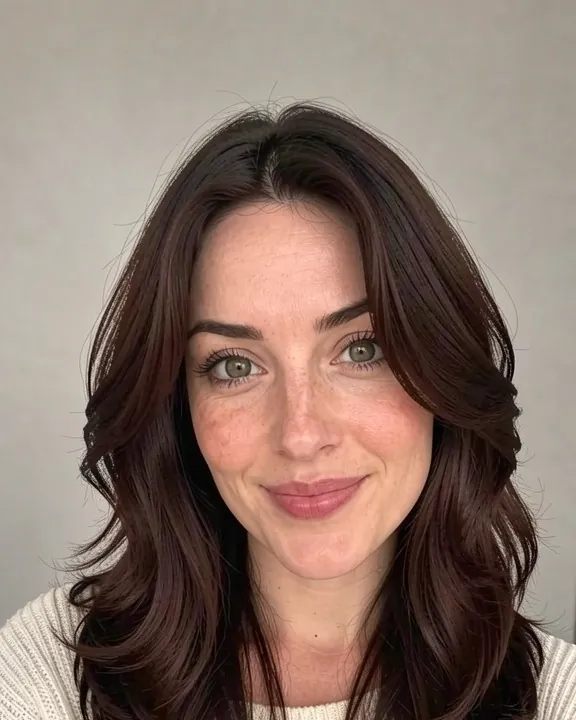 Woman with long layered hair in a rich chocolate brown (AI preview)