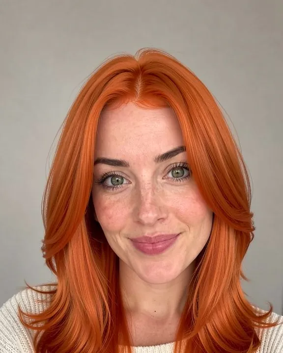 Woman with long layered hair in a bright copper color (AI preview)