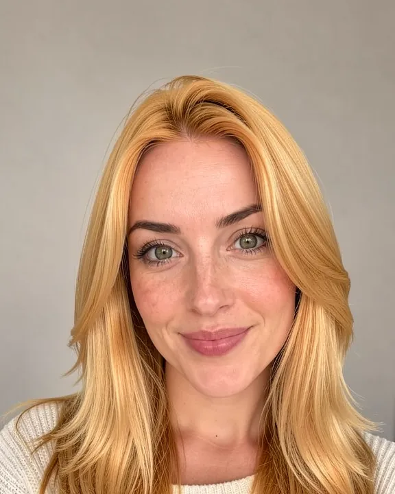 Woman with long layered hair in warm honey blonde (AI preview)