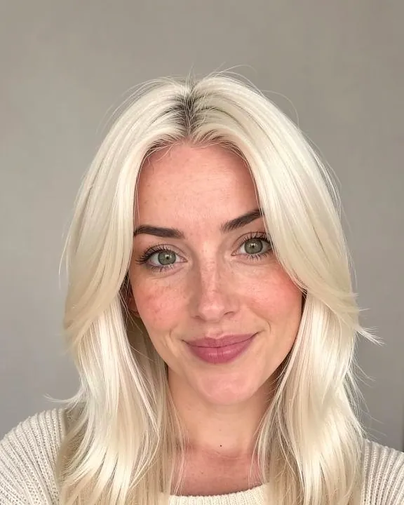 Woman with long layered platinum blonde hair (AI preview)