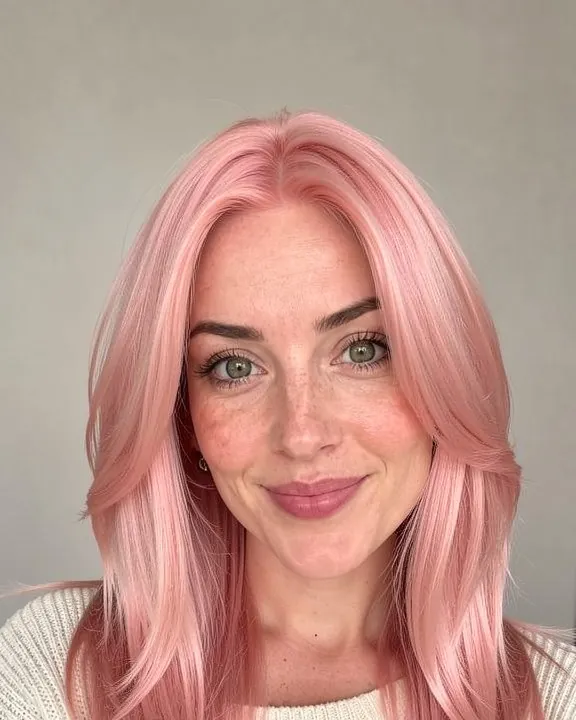 Woman with long layered pastel rosé pink hair (AI preview)