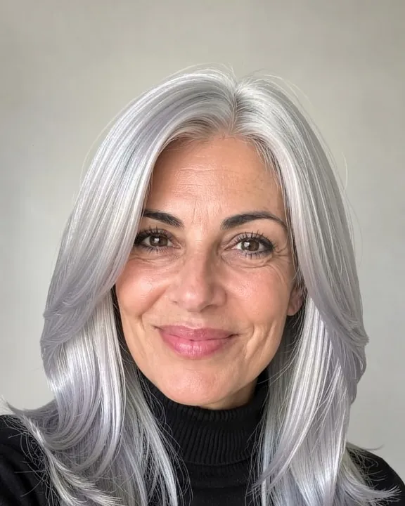 Woman in her fifties with long layered silver hair (AI preview)