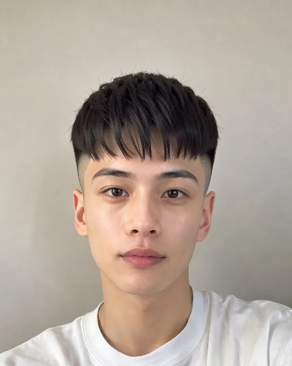 Young man with a French crop: short textured top and a straight fringe (AI preview)