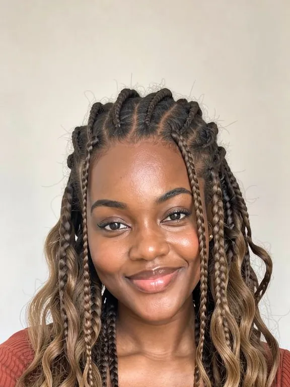 Woman with boho braids: braids mixed with loose honey-brown curls (AI preview)