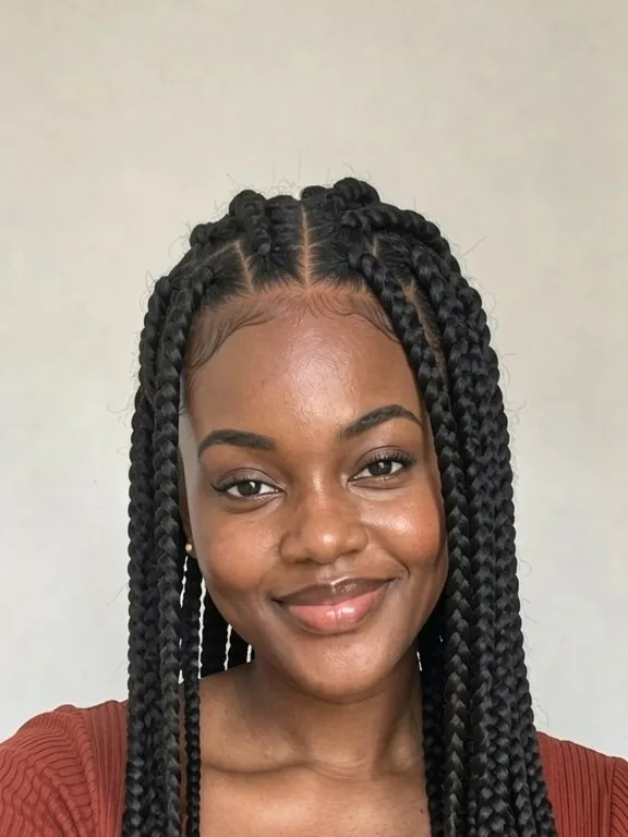 Woman with long black box braids and a center part (AI preview)