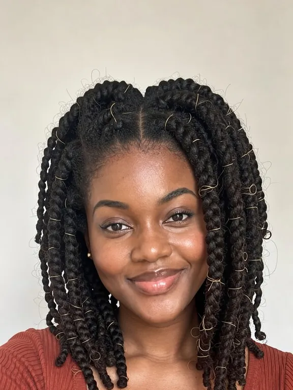 Woman with shoulder-length butterfly locs, textured faux locs with small loops (AI preview)