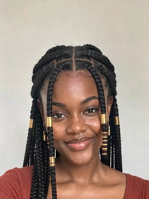 Woman with Fulani braids: cornrows at the front, long braids and gold cuffs (AI preview)