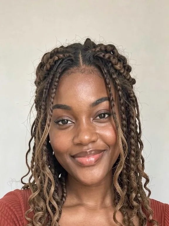 Woman with brown-highlighted passion twists with a curly, bohemian texture (AI preview)