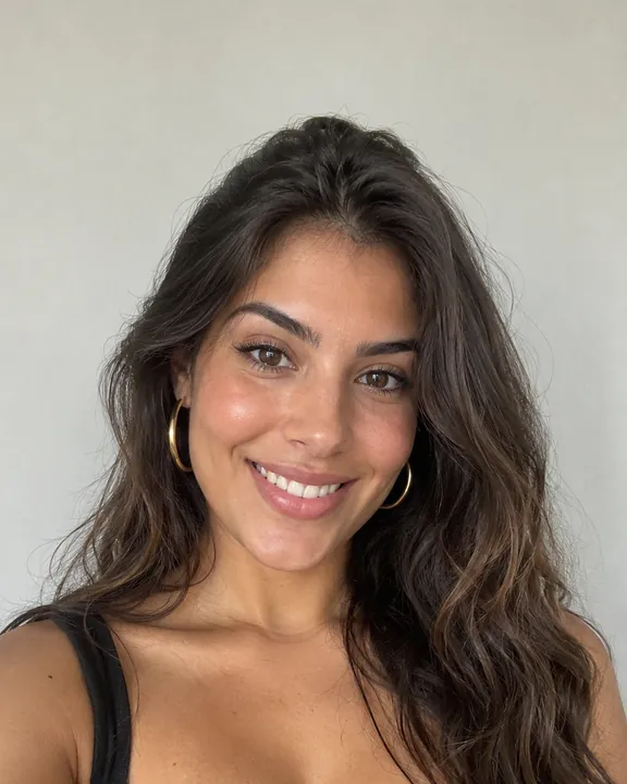 Woman with long wavy dark hair and no bangs, the original photo