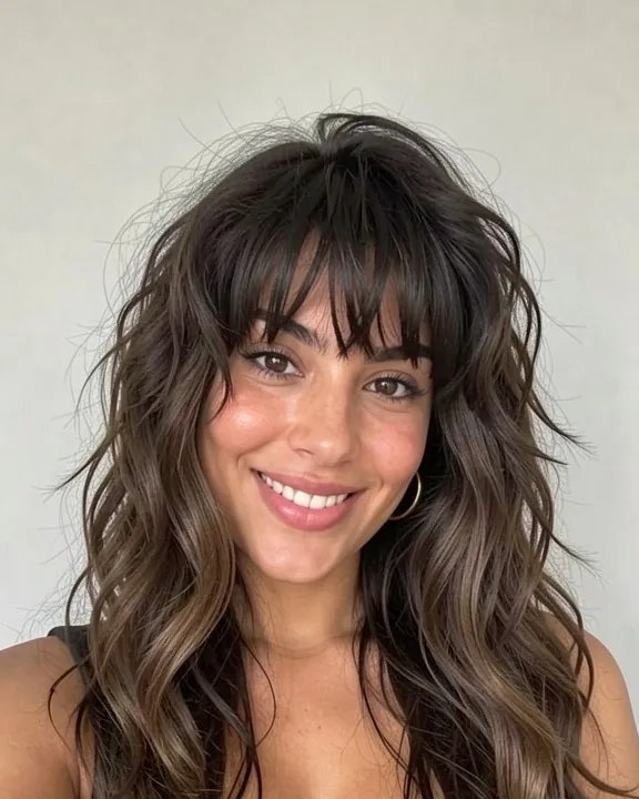 Woman with wavy hair and full, slightly messy Birkin bangs at the eyebrows (AI preview)