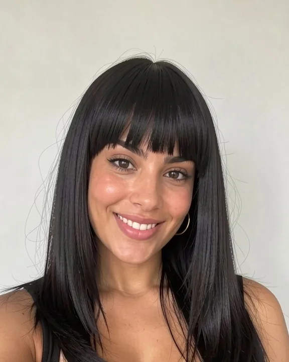 Woman with sleek black hair and heavy blunt bangs cut straight across at the eyebrows (AI preview)