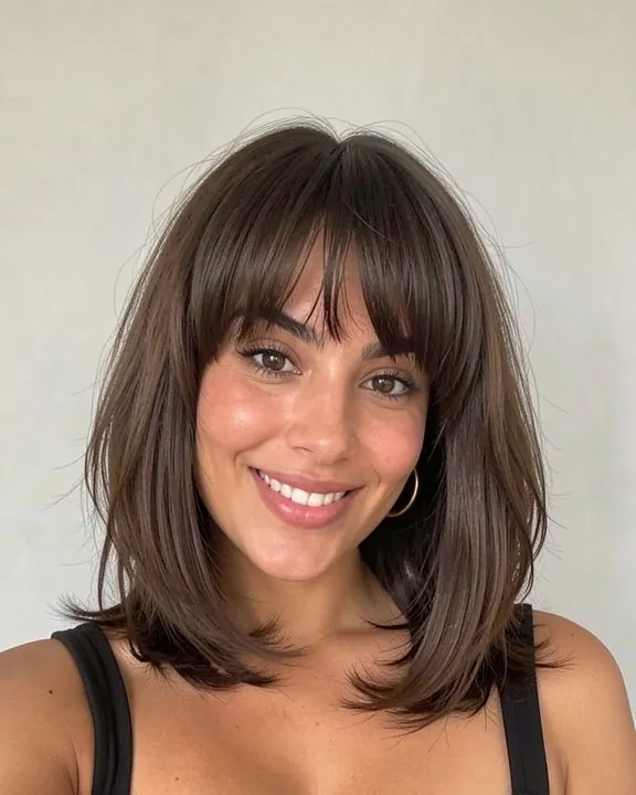 Woman with bottleneck bangs: a short narrow center fringe that widens and lengthens at the sides (AI preview)