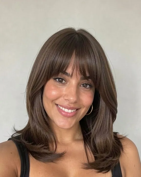 Woman with long brown layered hair and center-parted curtain bangs (AI preview)