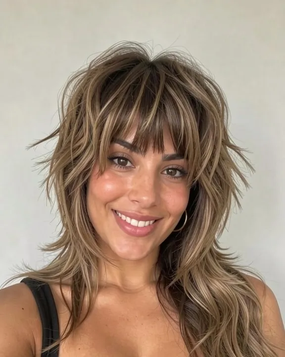 Woman with a layered shag haircut blended into curtain bangs (AI preview)