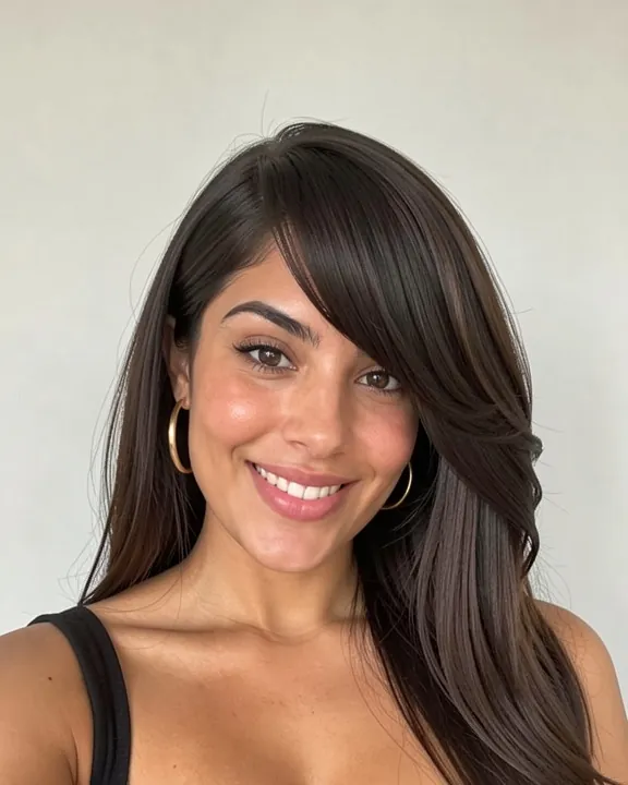 Woman with long dark hair and long side-swept bangs (AI preview)