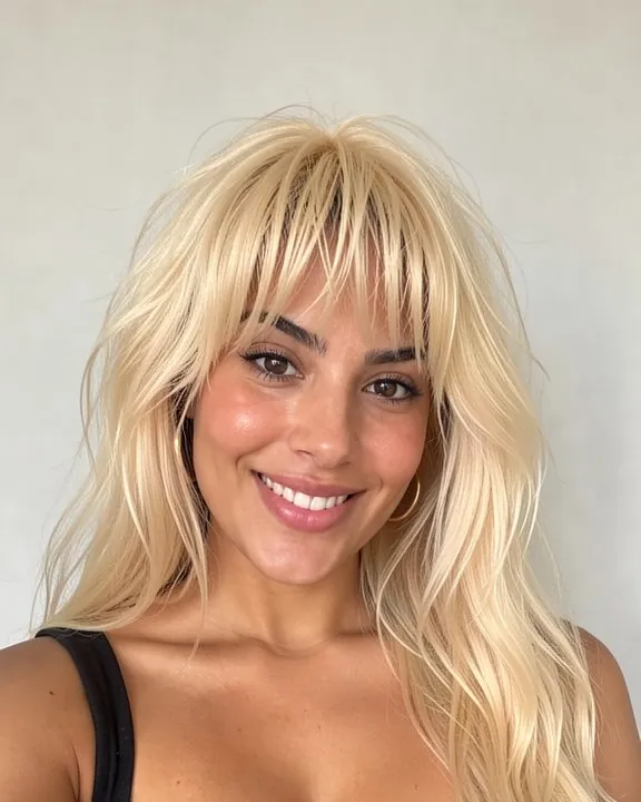 Woman with platinum blonde hair and thin, see-through wispy bangs (AI preview)