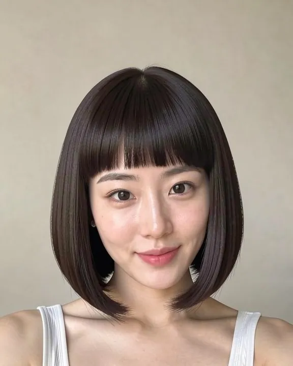 Woman with a chin-length classic bob and blunt fringe (AI preview)