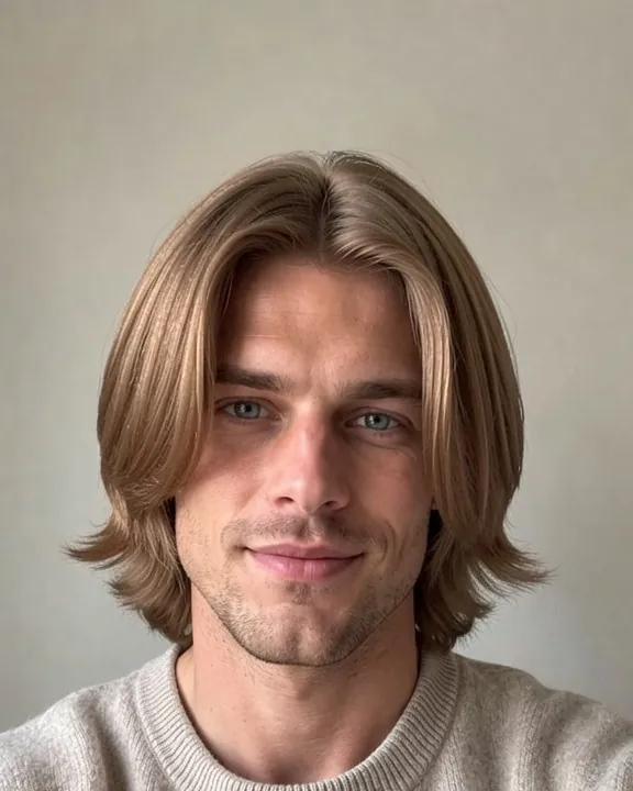 Man with chin-length center-parted curtains hairstyle (AI preview)