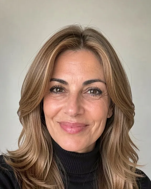Woman with long face-framing layers starting at the cheekbones (AI preview)