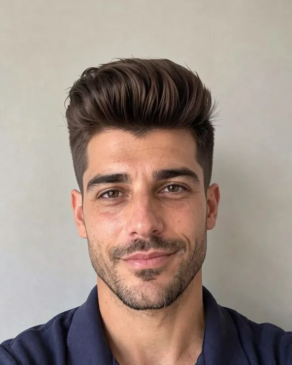 Man with a pompadour: tall, swept-back volume on top and short sides (AI preview)