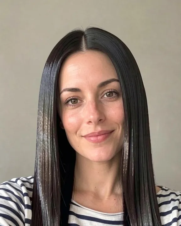 Woman with long, sleek, straight center-parted hair (AI preview)